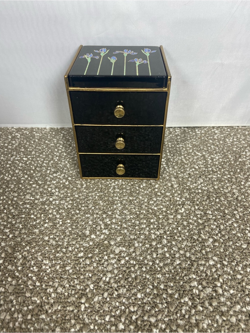 Vintage Otagiri  Lacquerware Three-Drawer Jewelry Organizer Box with Mirror.